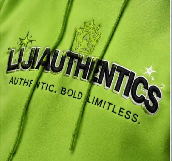 Vibrant lime green hoodie with bold LIJIAUTHENTICS logo and 'Authentic. Bold. Limitless.' slogan, streetwear style.
