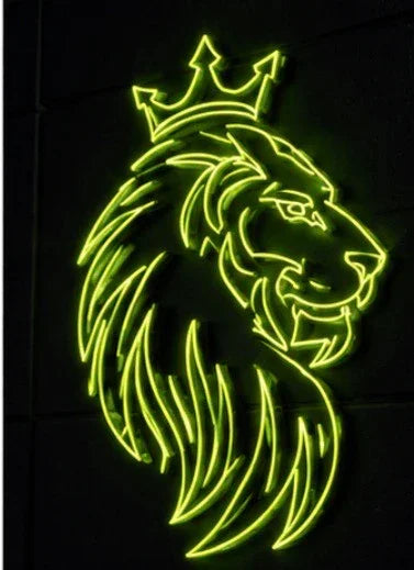 Glowing neon lion head with crown, vibrant green light against dark wall, bold streetwear aesthetic
