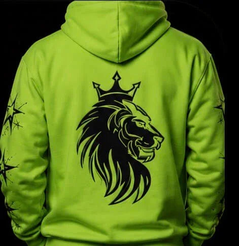 Vibrant green hoodie with bold black lion and crown graphic, streetwear style