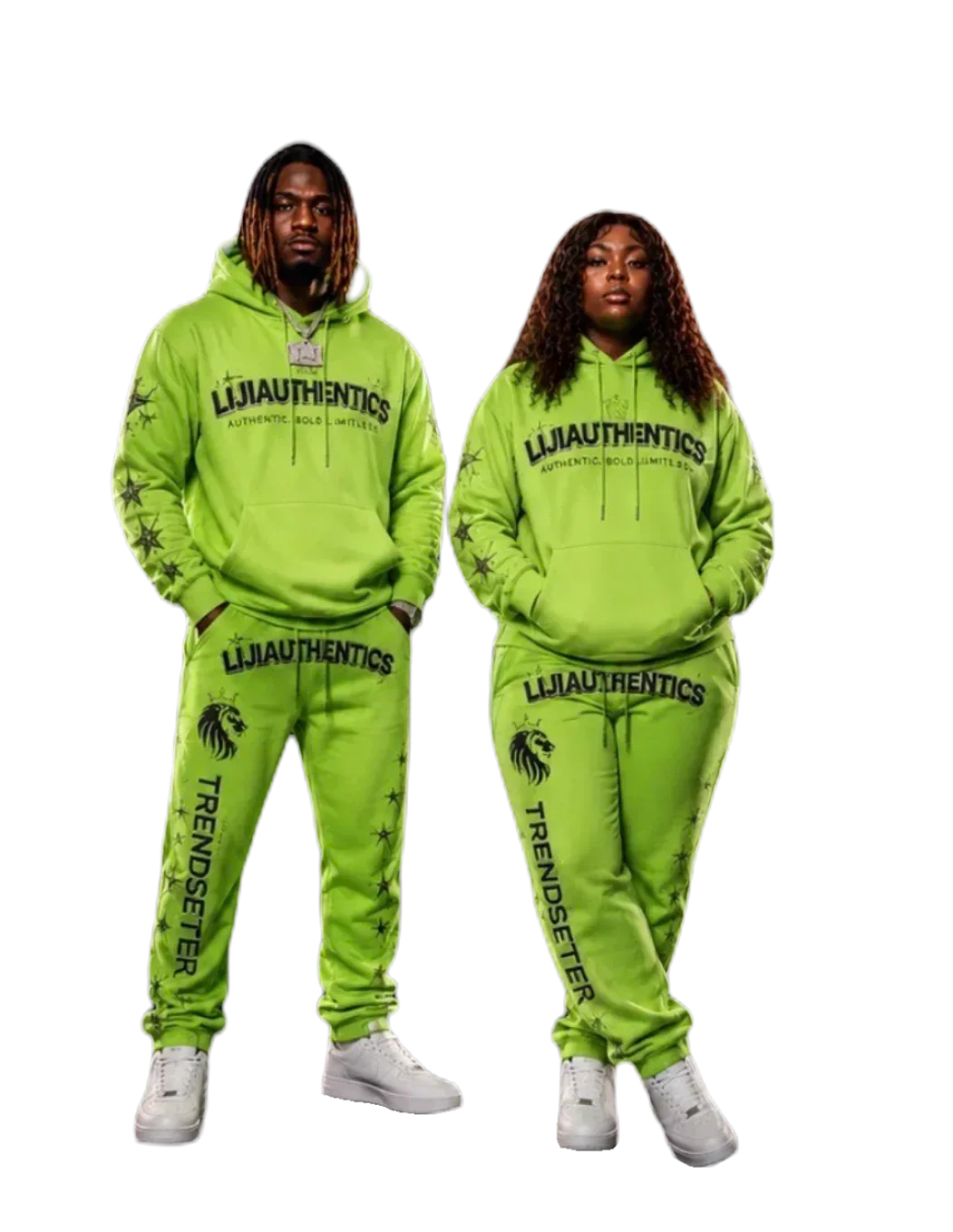 Bold neon green matching sweatsuits with star prints and lion logo, perfect for streetwear trends