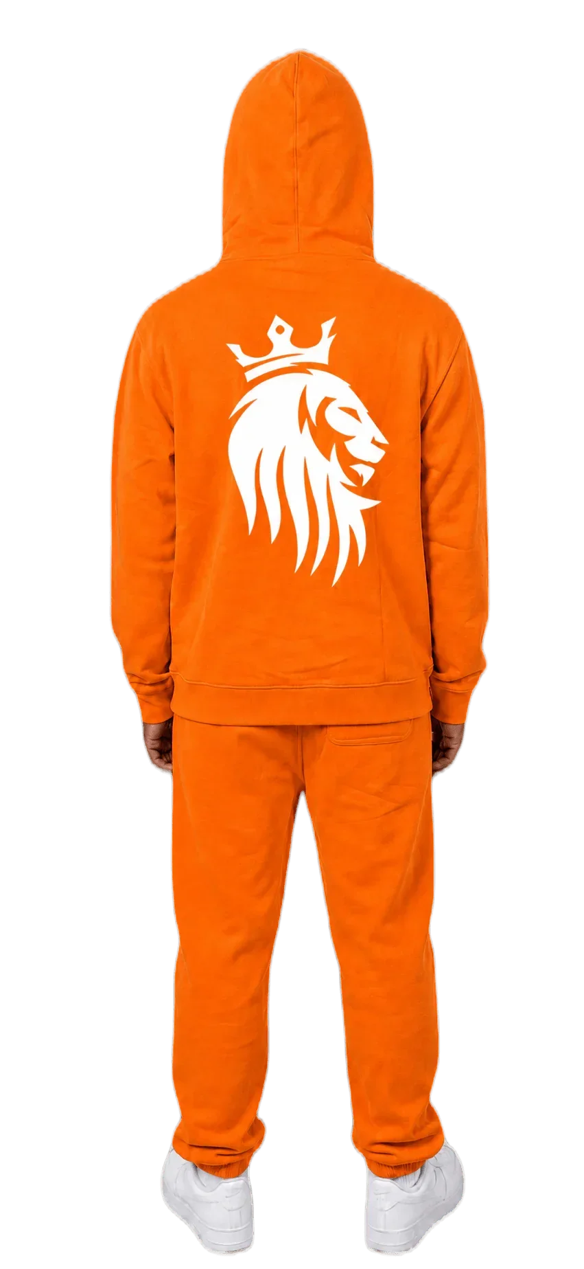 Vibrant orange matching sweatsuit with white crowned lion graphic on back, bold streetwear set