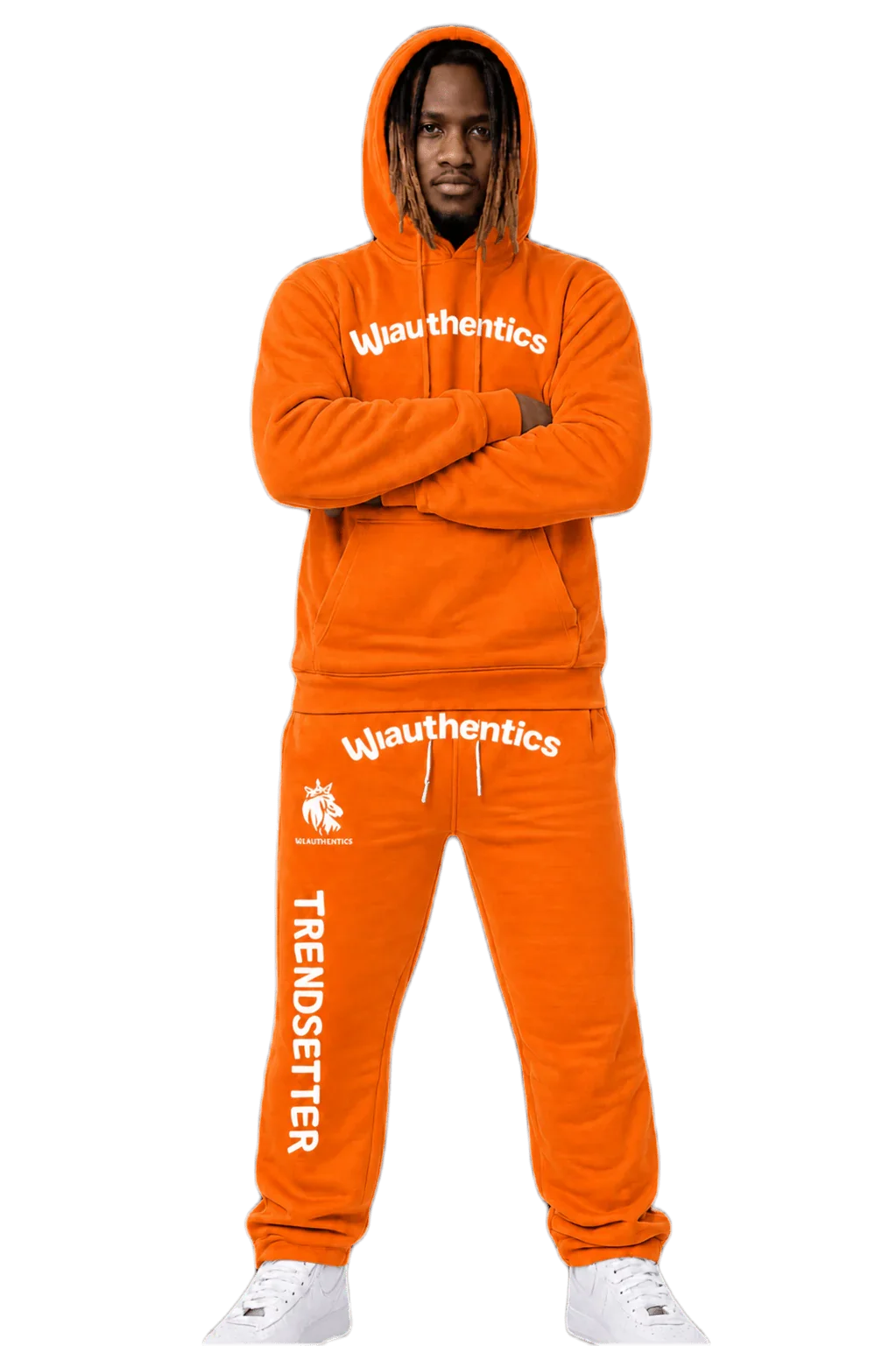 Bold orange matching sweatsuit with 'Wiauthentics' logo and 'TRENDSETTER' text, streetwear style
