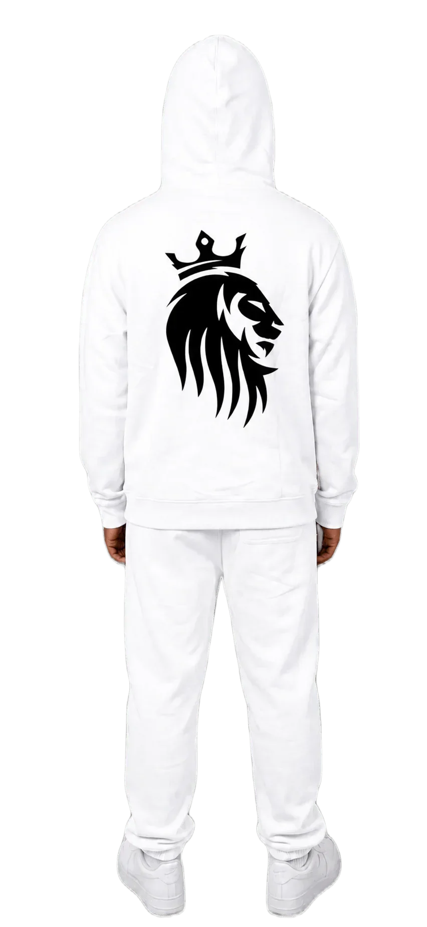 White matching sweatsuit with bold black lion crown graphic, streetwear set for bold style