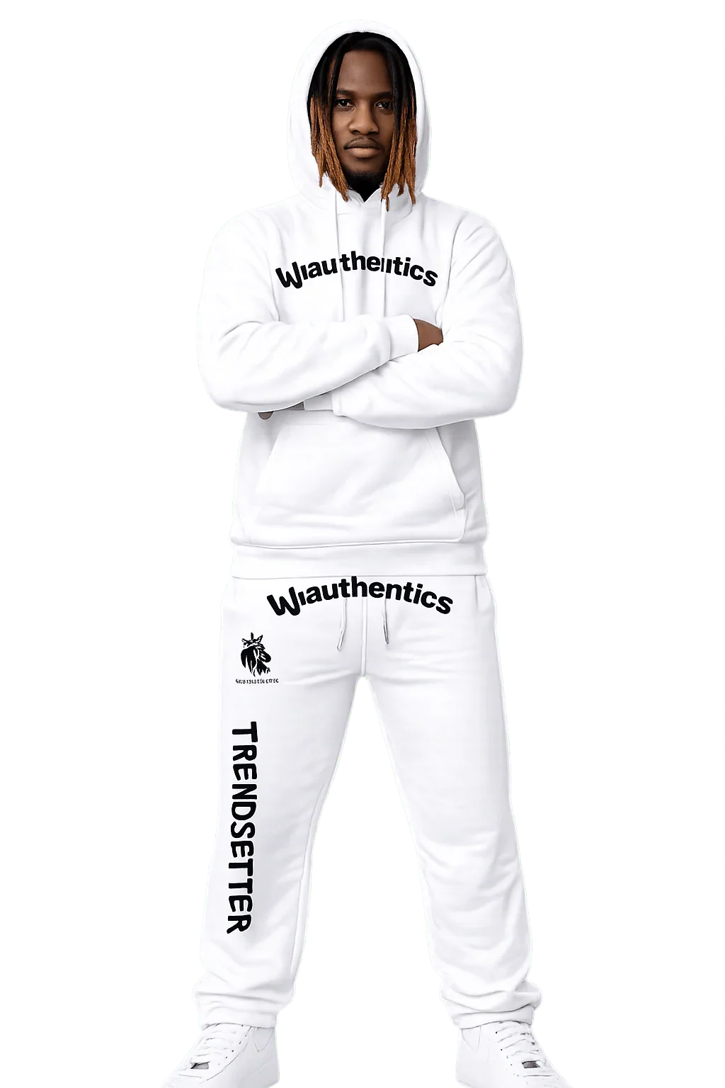 White matching sweatsuit with bold black graphics, hooded top and joggers, streetwear style