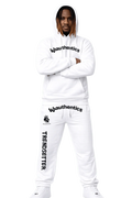 White matching sweatsuit with bold black graphics, hooded top and joggers, streetwear style