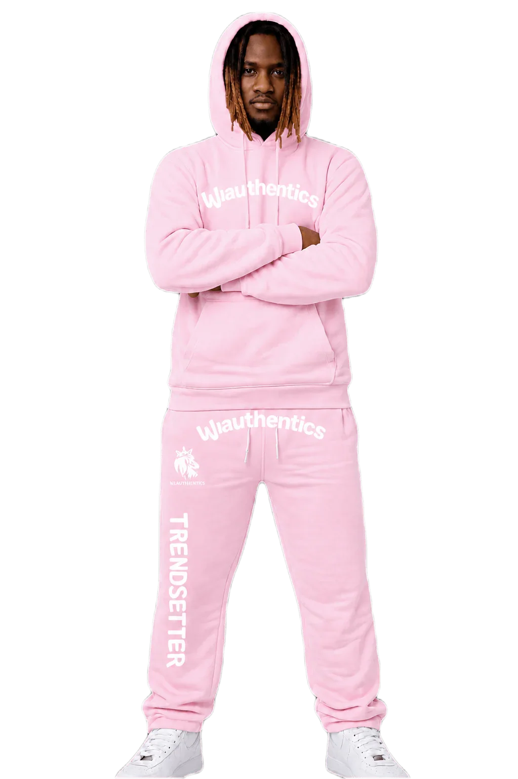 Pink matching sweatsuit with 'Wiauthentics' and 'Trendsetter' print, bold streetwear set for men