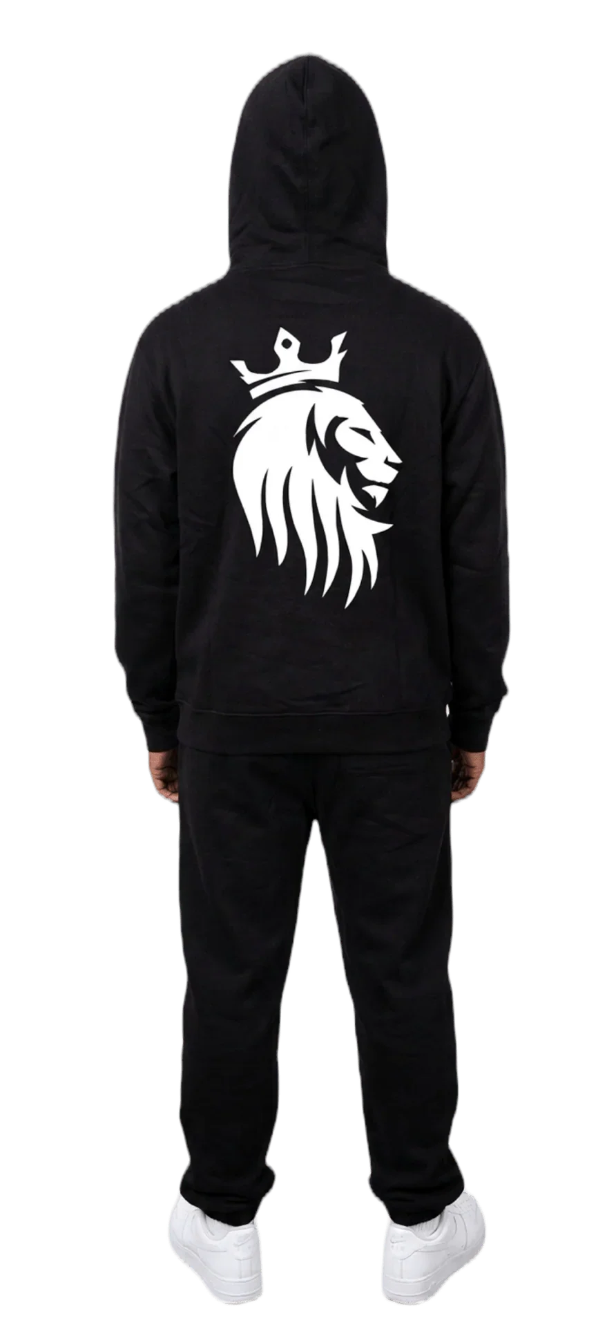 Black hoodie with white crowned lion graphic, matching sweatpants, and white sneakers