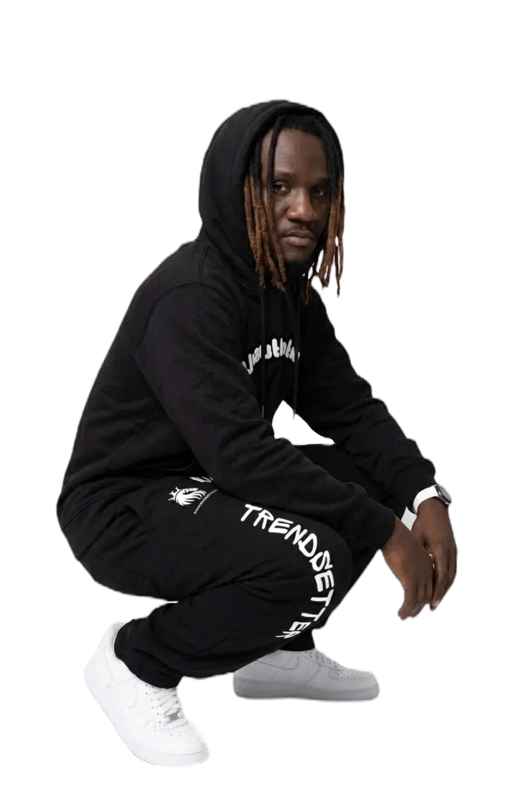 Black matching sweatsuit with 'TRENDSETTER' graphic, streetwear hoodie and joggers, bold urban style