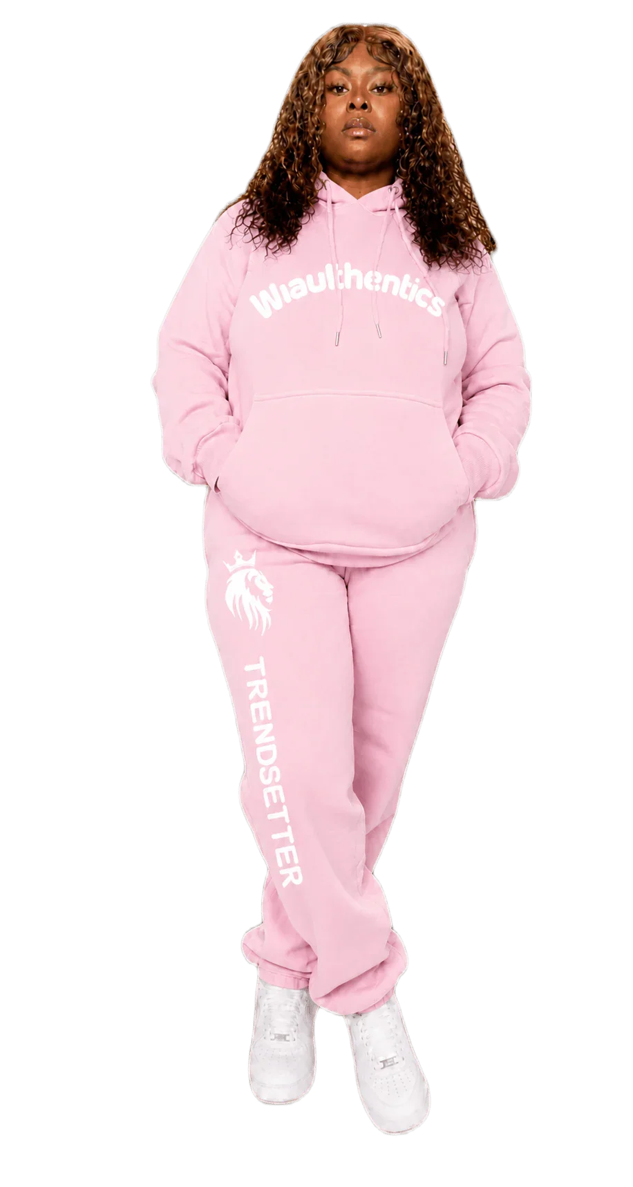 Pink matching sweatsuit with 'Trendsetter' print, bold streetwear set for women