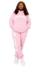 Pink matching sweatsuit with 'Trendsetter' print, bold streetwear set for women
