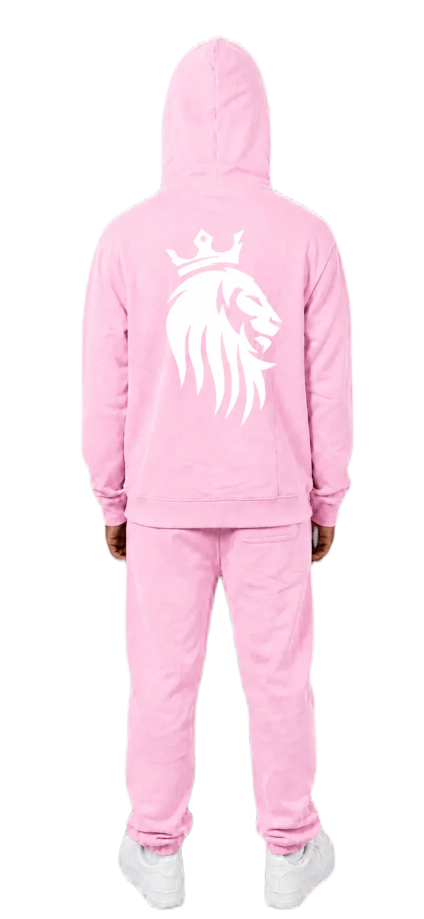 Pink matching sweatsuit with white lion crown graphic, bold streetwear set